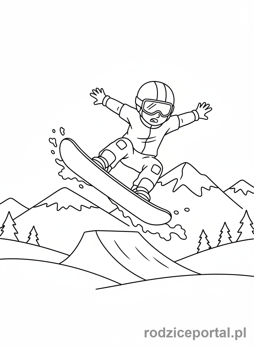Kolorowanka Sporty Zimowe - Snowboardzista wykonujący skok