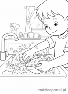 Kolorowanka Sprzątanie - Chłopiec myjący naczynia