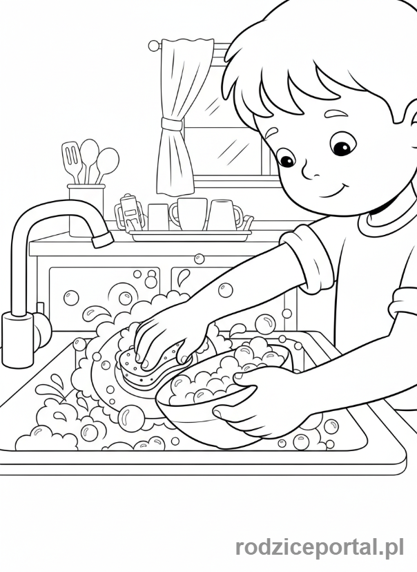 Kolorowanka Sprzątanie - Chłopiec myjący naczynia