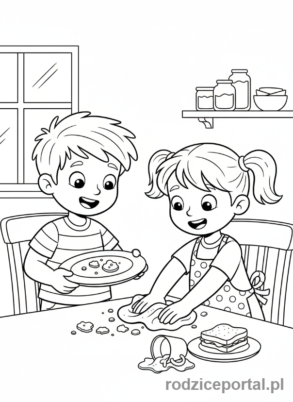 Kolorowanka Sprzątanie - Dzieci ścierają stół