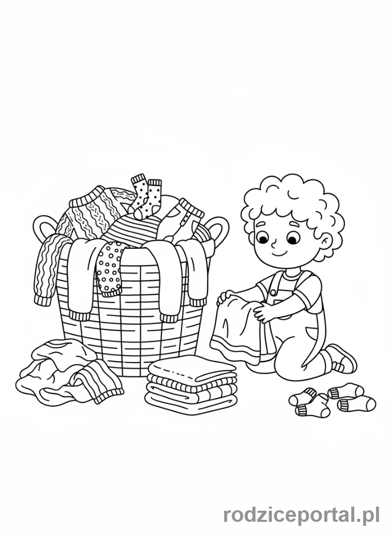 Kolorowanka Sprzątanie - Dziecko segreguje pranie