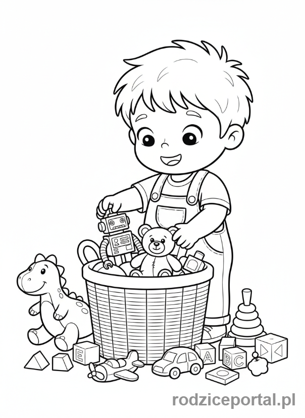 Kolorowanka Sprzątanie - Dziecko układa zabawki