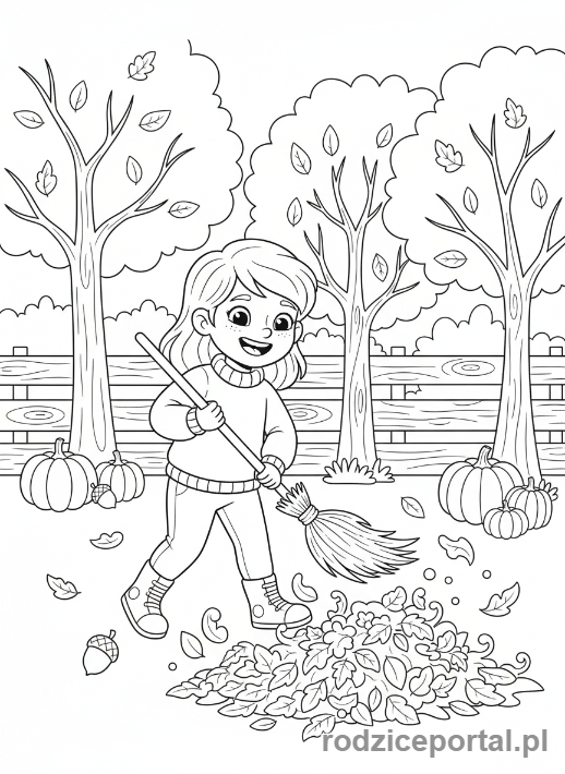 Kolorowanka Sprzątanie - Dziewczynka zamiata liście