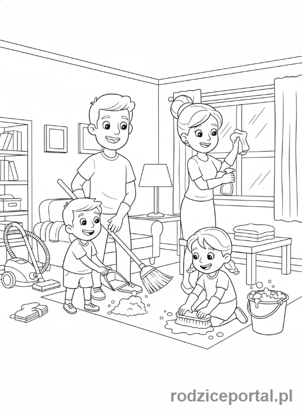 Kolorowanka Sprzątanie - Rodzina sprząta razem