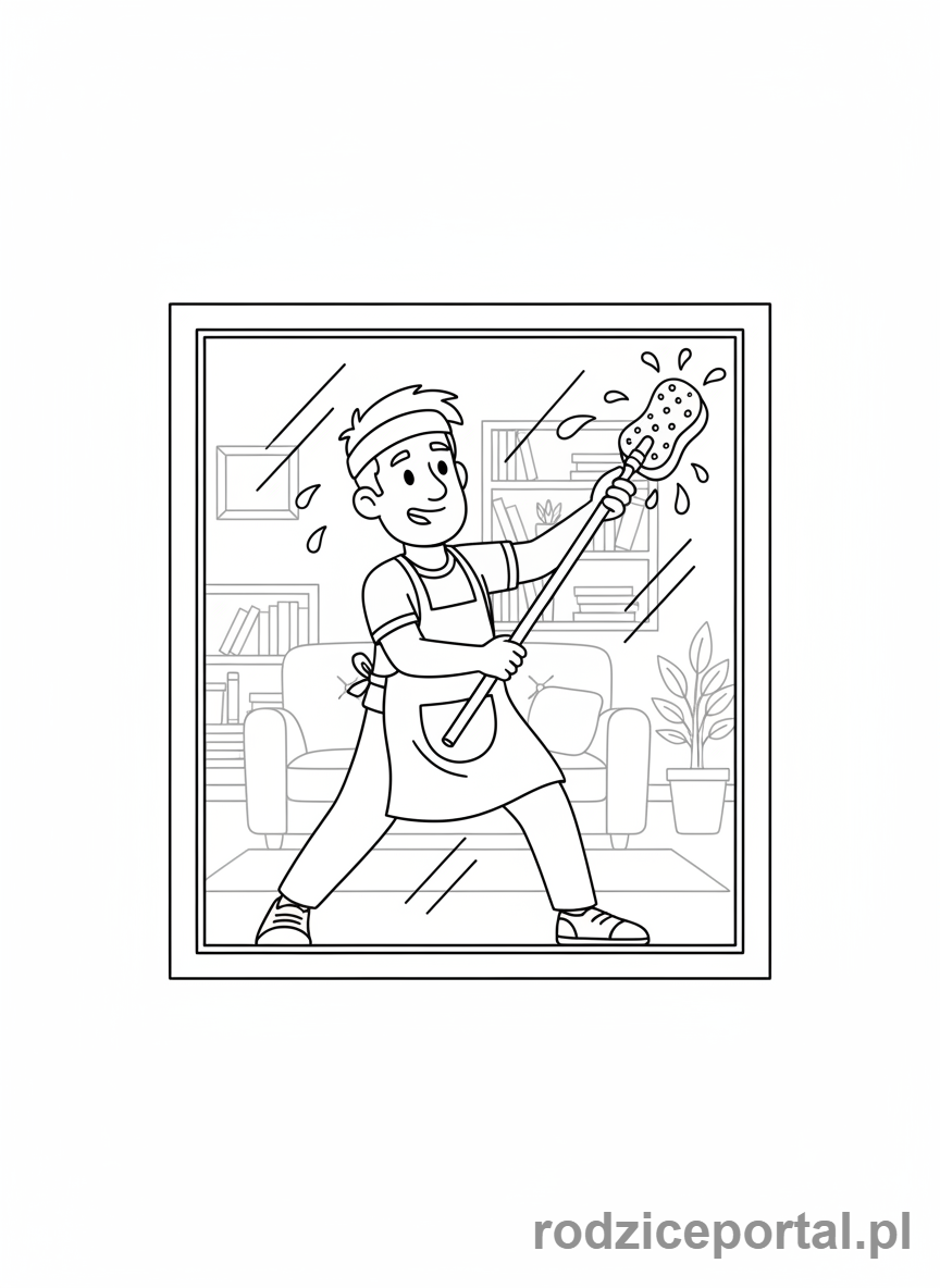 Kolorowanka Sprzątanie - Tata myje okno