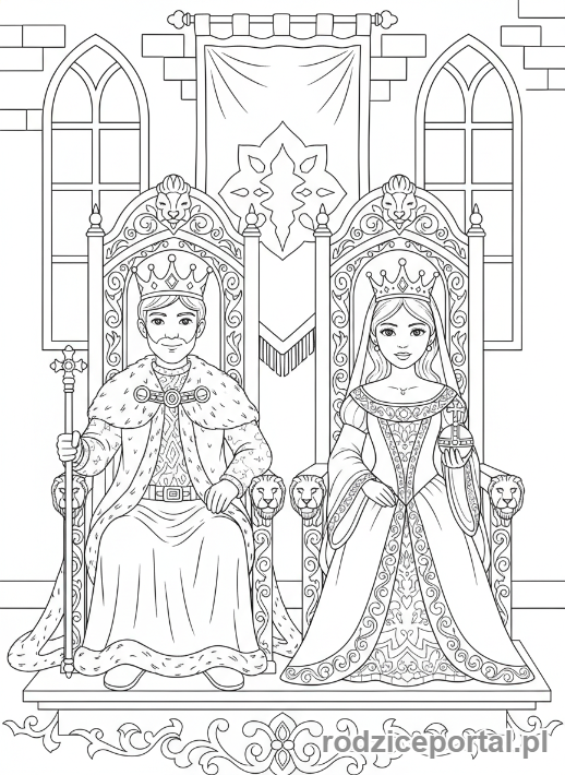 Kolorowanka Średniowieczne - Król i królowa na tronie