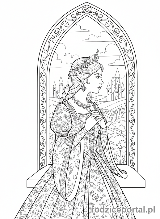 Kolorowanka Średniowieczne - Księżniczka w zamkowej komnacie