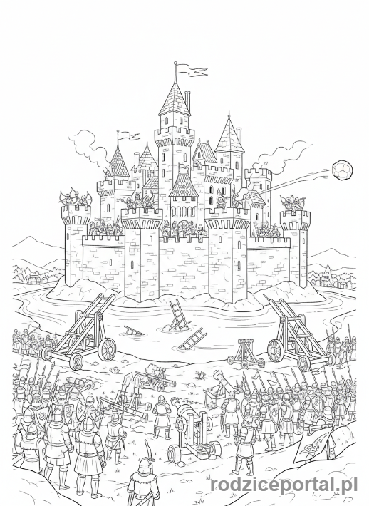 Kolorowanka Średniowieczne - Oblężenie średniowiecznego zamku