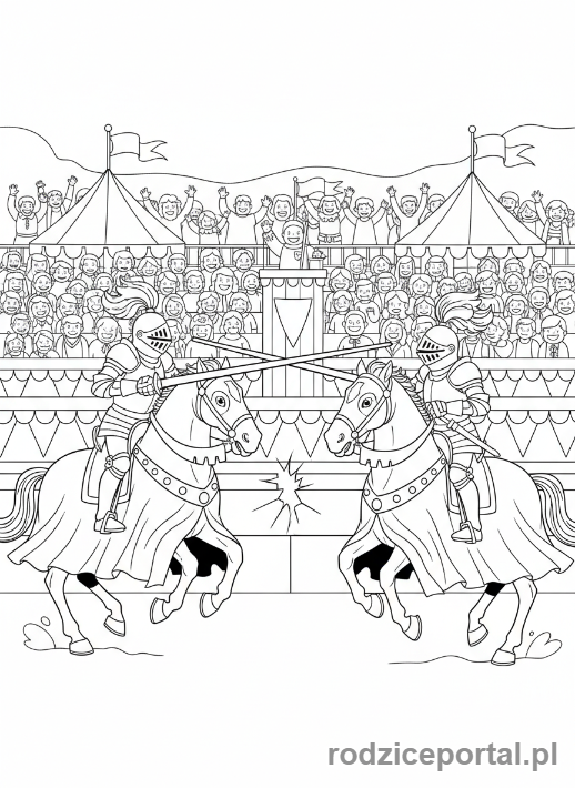 Kolorowanka Średniowieczne - Rycerze walczący w turnieju