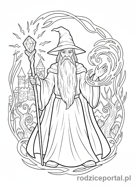 Kolorowanka Średniowieczne - Tajemniczy czarodziej z laską