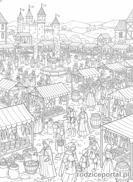 Kolorowanka Średniowieczne - Tętniący życiem średniowieczny targ
