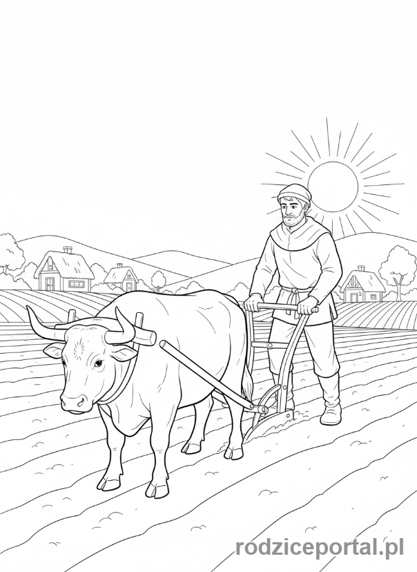 Kolorowanka Średniowieczne - Wieśniak orzący pole