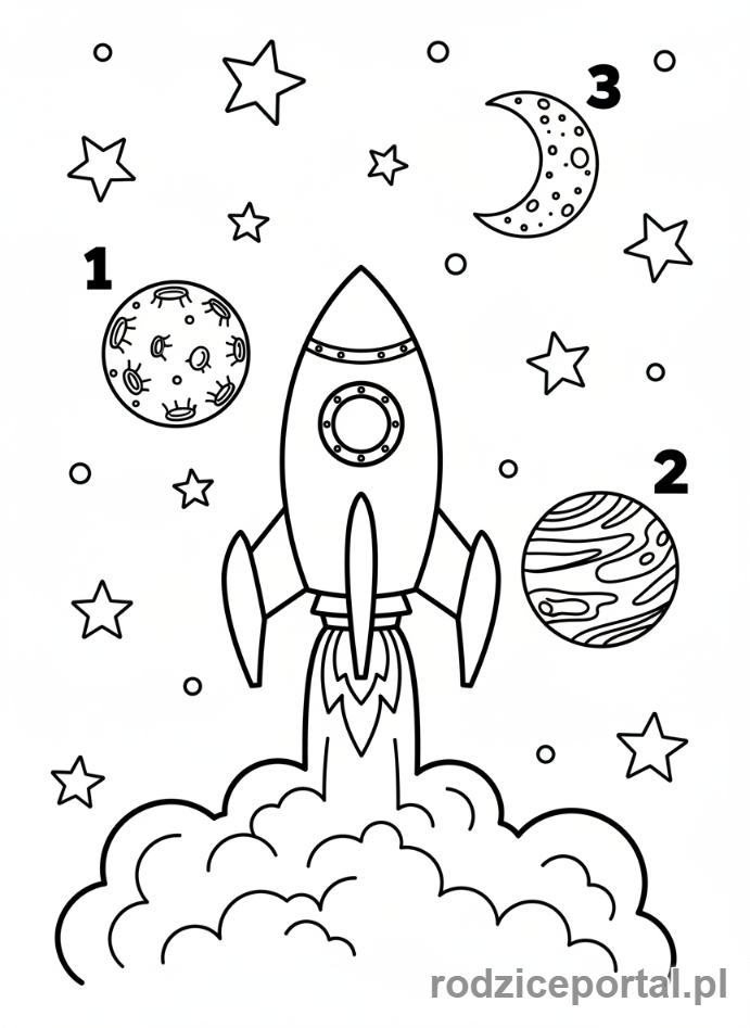 Kolorowanka Środki Transportu Edukacyjne - RakietaKosmicznaPlanetyNumery