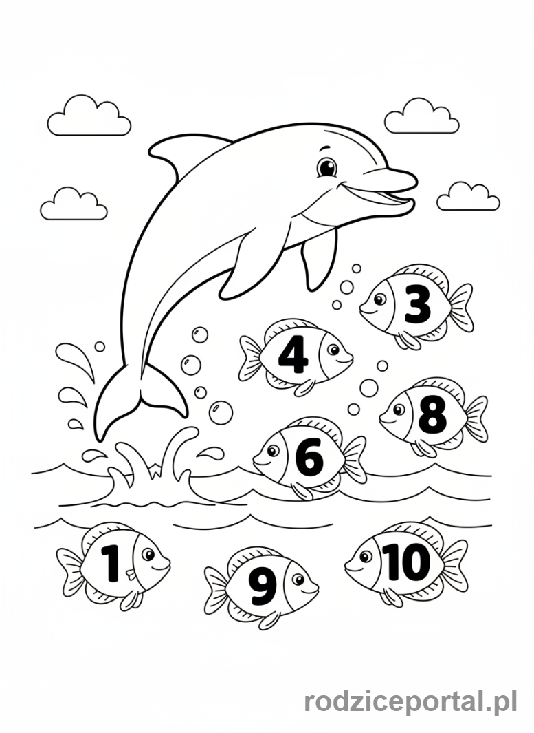 Kolorowanka Ssaki Zadania - Delfin liczy ryby