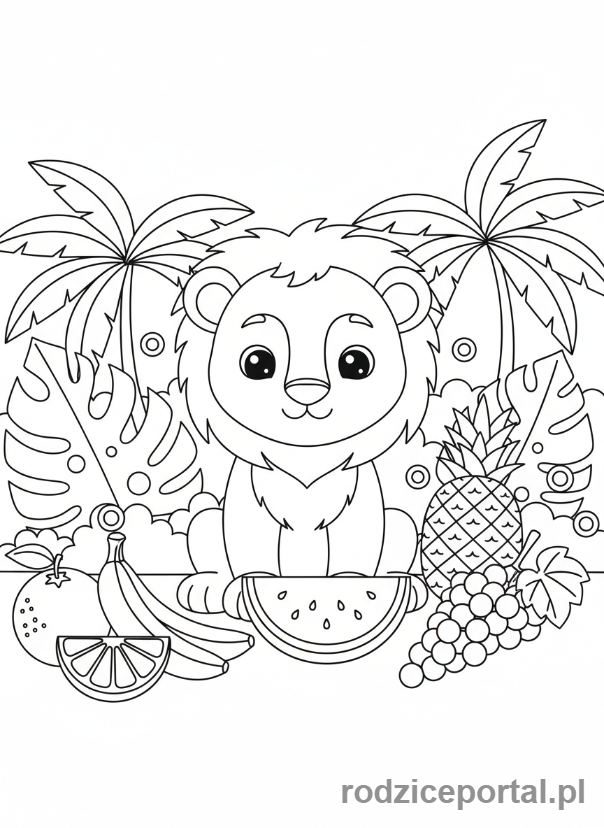 Kolorowanka Ssaki Zadania - Lew liczy owoce