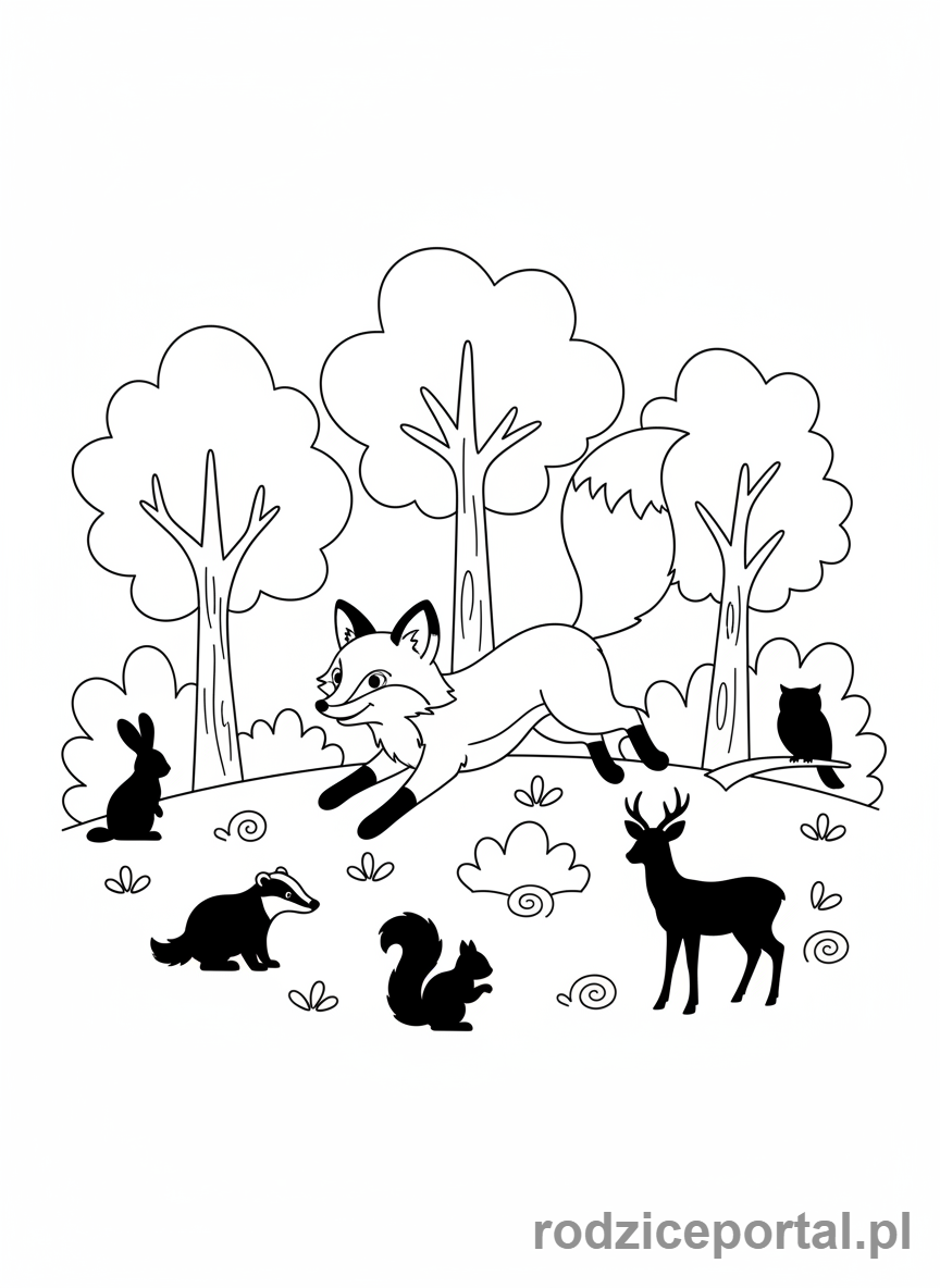 Kolorowanka Ssaki Zadania - Lis z cieniami zwierząt