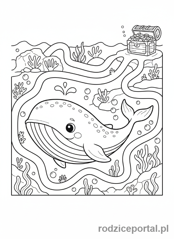 Kolorowanka Ssaki Zadania - Wieloryb płynie labiryntem