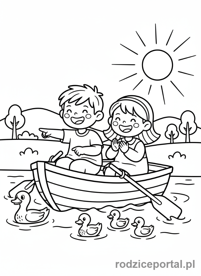 Kolorowanka Statek - Dzieci na łodzi
