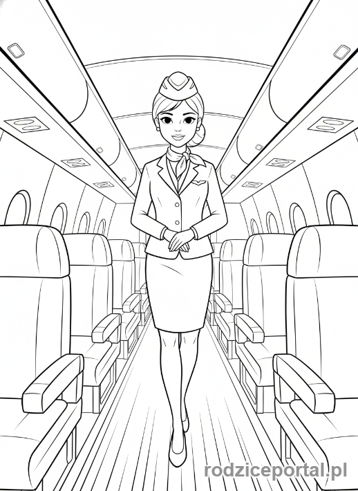 Kolorowanka Stewardessa - Stewardessa idzie w samolocie