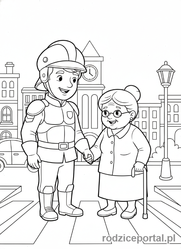 Kolorowanka Strażnik Miejski - Strażnik pomaga starszej pani