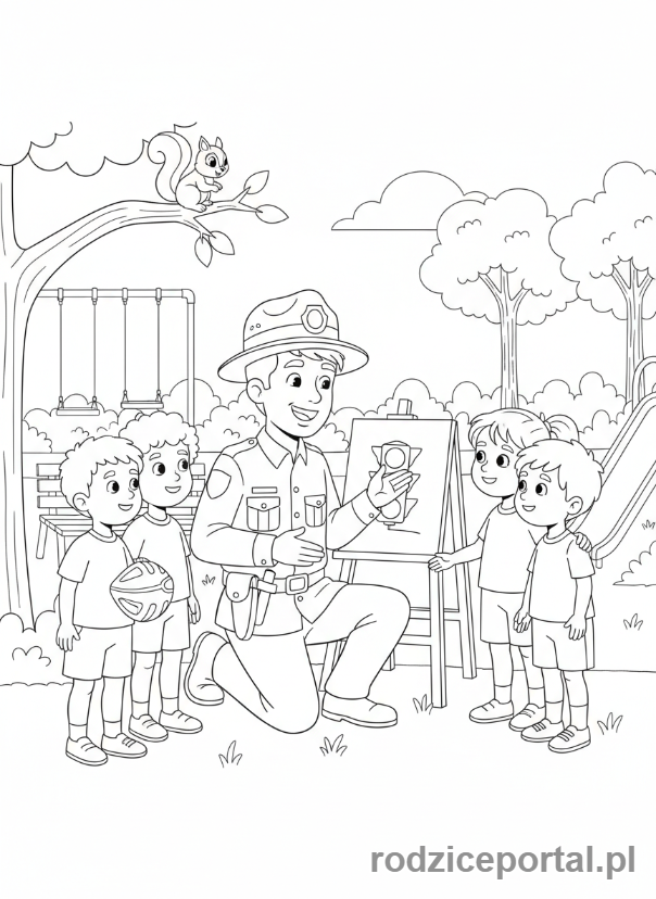 Kolorowanka Strażnik Miejski - Strażnik rozmawia z dziećmi