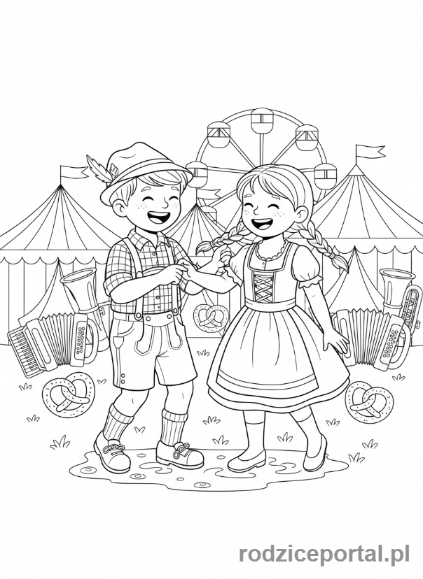 Kolorowanka Stroje Ludowe - Dzieci w strojach bawarskich na festynie.