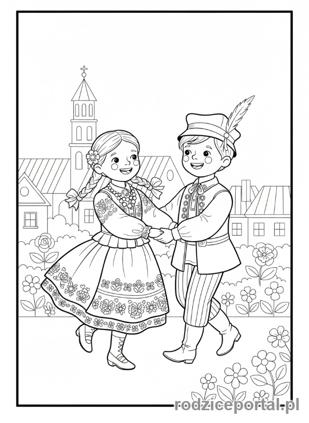 Kolorowanka Stroje Ludowe - Dzieci w strojach krakowskich tańczące.