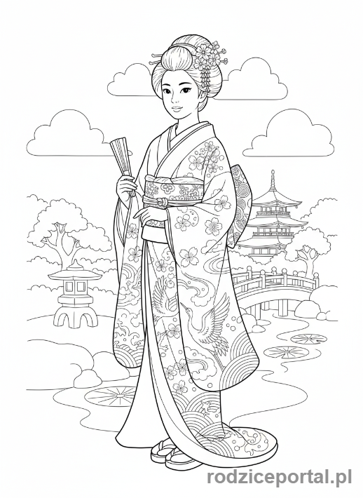 Kolorowanka Stroje Ludowe - Dziewczynka w kimonie z wachlarzem.