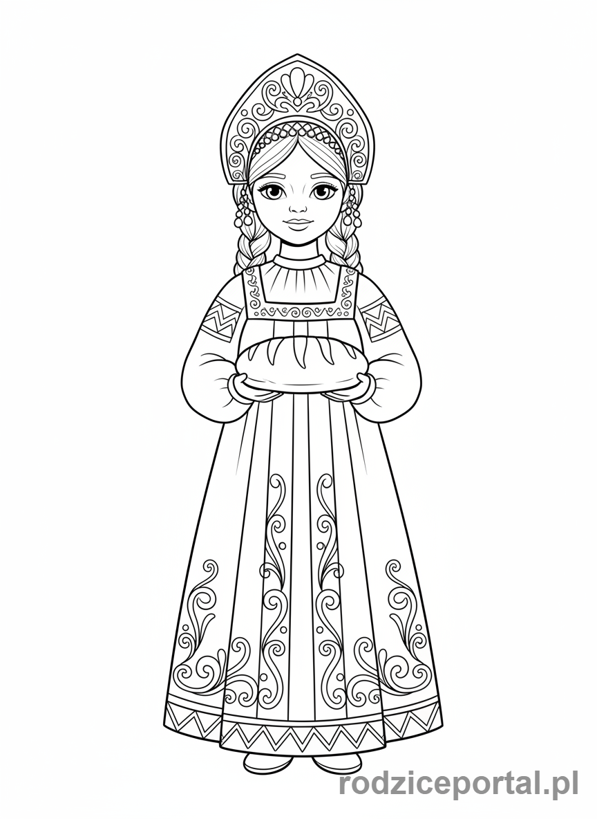 Kolorowanka Stroje Ludowe - Dziewczynka w rosyjskim sarafan z chlebem.
