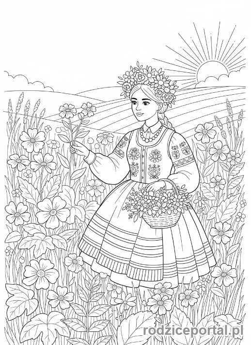 Kolorowanka Stroje Ludowe - Kobieta w stroju łowickim, zbierająca kwiaty.