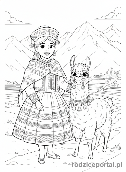 Kolorowanka Stroje Ludowe - Kobieta w stroju peruwiańskim z lamą w górach.