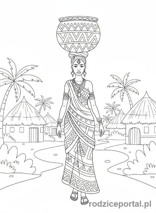 Kolorowanka Stroje Ludowe - Kobieta w tradycyjnym afrykańskim stroju niosąca kosz.
