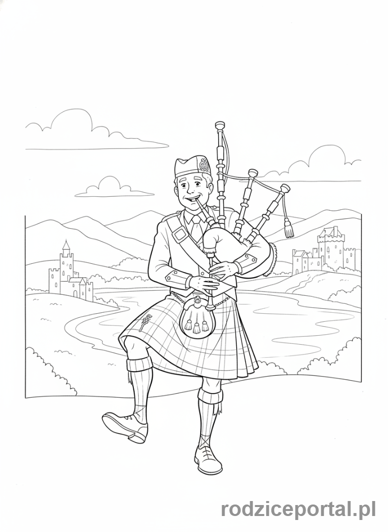 Kolorowanka Stroje Ludowe - Mężczyzna w kilcie grający na dudach.