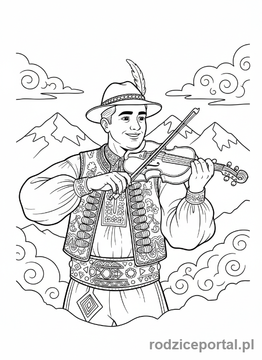 Kolorowanka Stroje Ludowe - Portret górala grającego na skrzypcach.