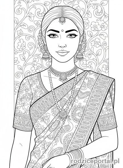 Kolorowanka Stroje Ludowe - Portret kobiety w sari z biżuterią.