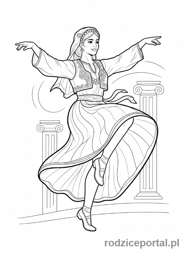 Kolorowanka Stroje Ludowe - Tancerka w greckim stroju ludowym.