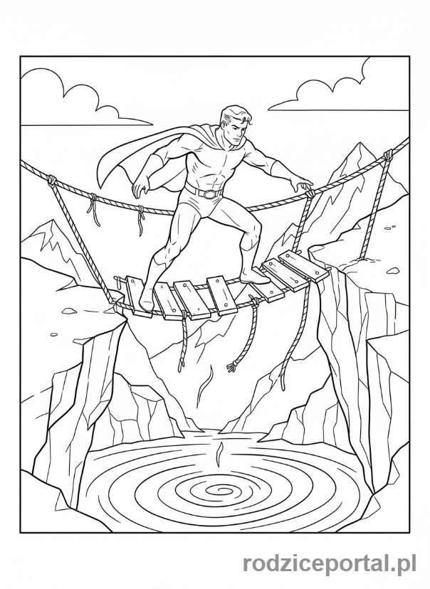 Kolorowanka Stwórz Własną Historię - Bohater przekraczający most linowy