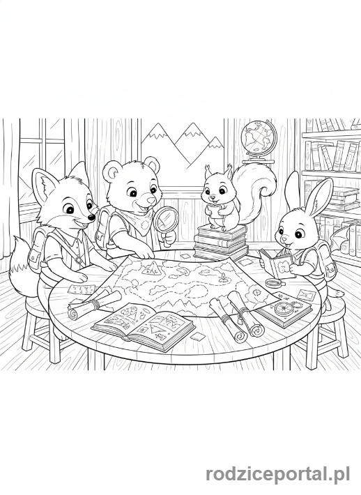 Kolorowanka Stwórz Własną Historię - Grupa przyjaciół planująca przygodę