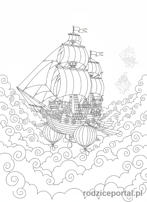 Kolorowanka Stwórz Własną Historię - Latający statek w chmurach