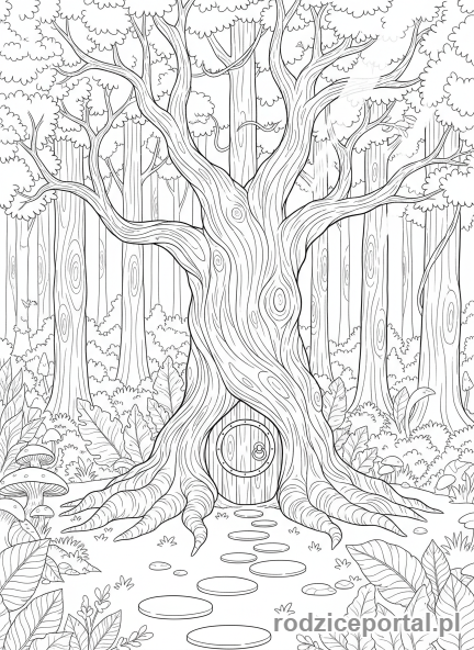 Kolorowanka Stwórz Własną Historię - Stary drzewo z tajnymi drzwiami
