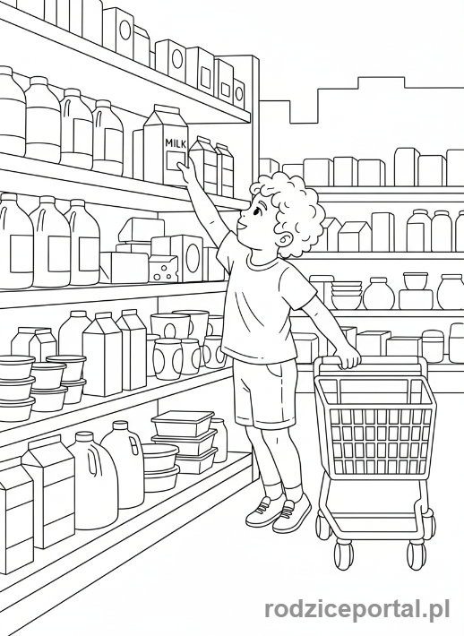 Kolorowanka Supermarket Edukacyjne - Aleja z nabiałem i dzieckiem
