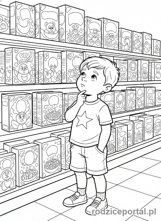 Kolorowanka Supermarket Edukacyjne - Dziecko wybierające płatki śniadaniowe