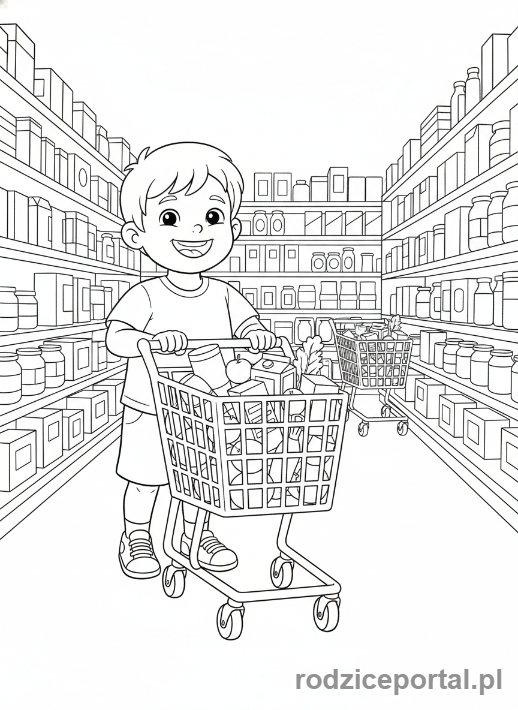 Kolorowanka Supermarket Edukacyjne - Dziecko z wózkiem na zakupy