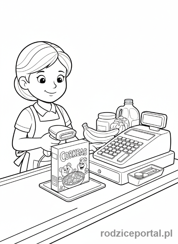 Kolorowanka Supermarket Edukacyjne - Kasjerka przy kasie