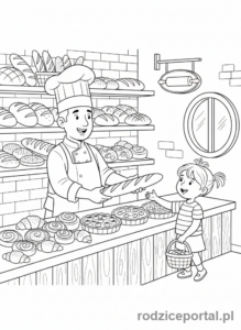 Kolorowanka Supermarket Edukacyjne - Piekarz sprzedający pieczywo