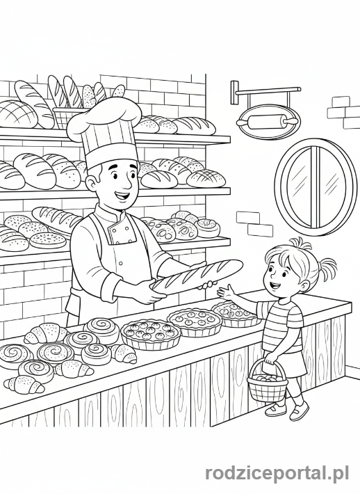 Kolorowanka Supermarket Edukacyjne - Piekarz sprzedający pieczywo