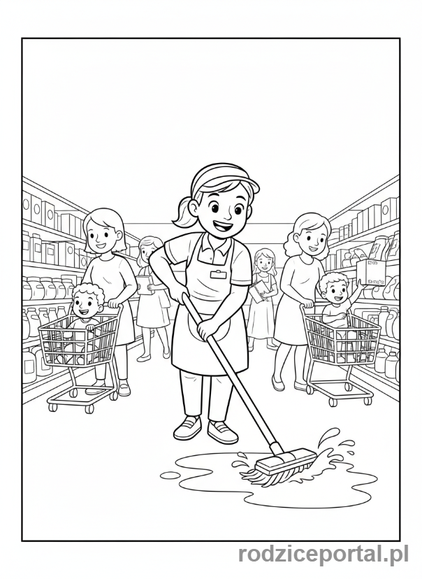 Kolorowanka Supermarket Edukacyjne - Pracownik sprzątający alejkę