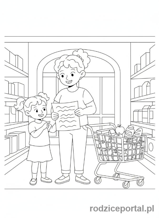 Kolorowanka Supermarket Edukacyjne - Rodzic z dzieckiem i lista zakupów