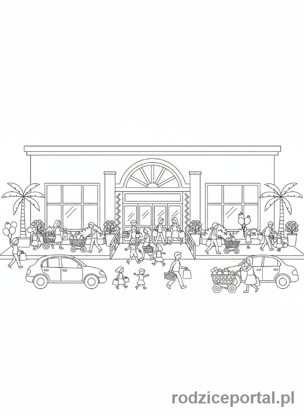 Kolorowanka Supermarket Edukacyjne - Wejście do supermarketu z ludźmi