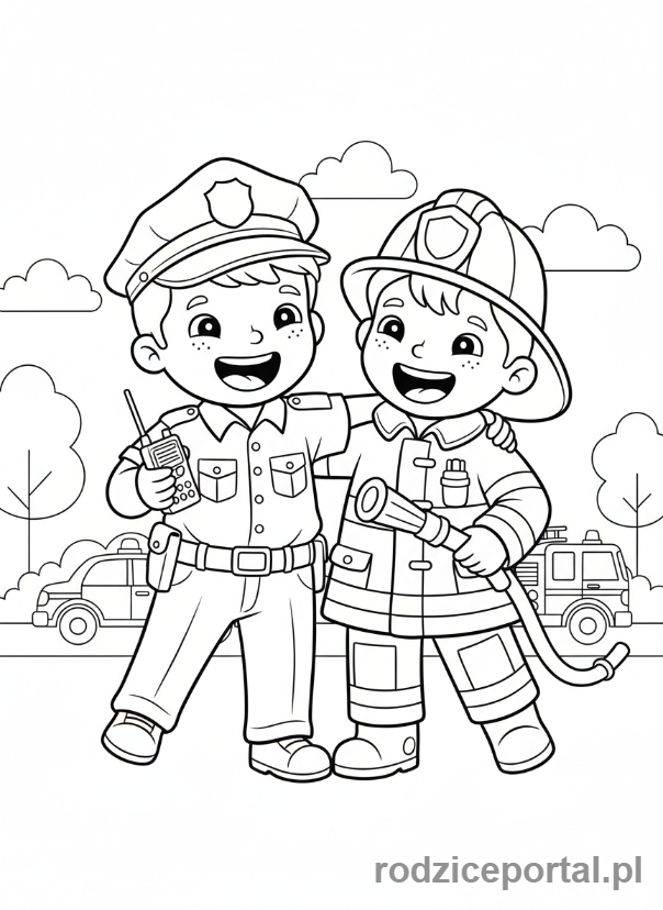 Kolorowanka Służby Ratunkowe - Dzieci bawią się służby